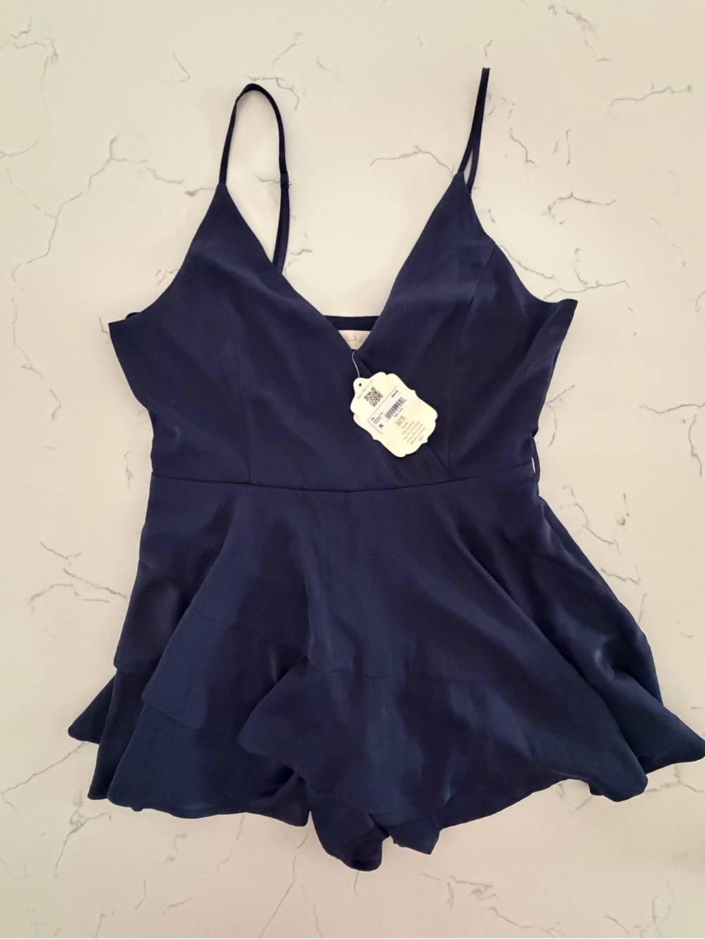 Altar’d State Artesia Navy Ruffle Romper Size L NWT Peacoat V Neck Party